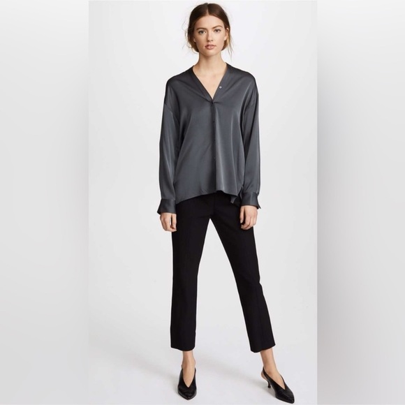 EUC Vince V-neck Stretch-Silk Satin Blouse in Mineral (gray), Relaxed Fit, S - Picture 16 of 16